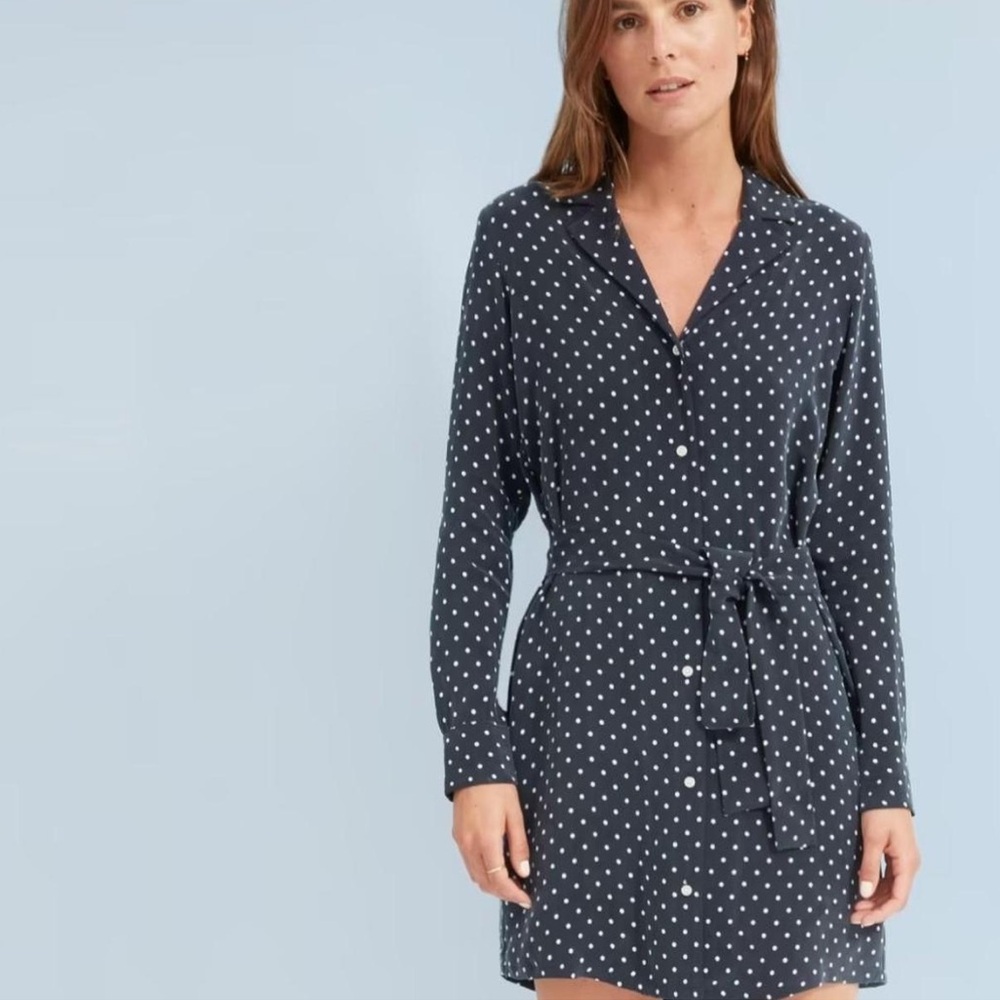 Everlane Navy Polka Dot Shirt Dress‎ Tie Front Long Sleeve Button Down